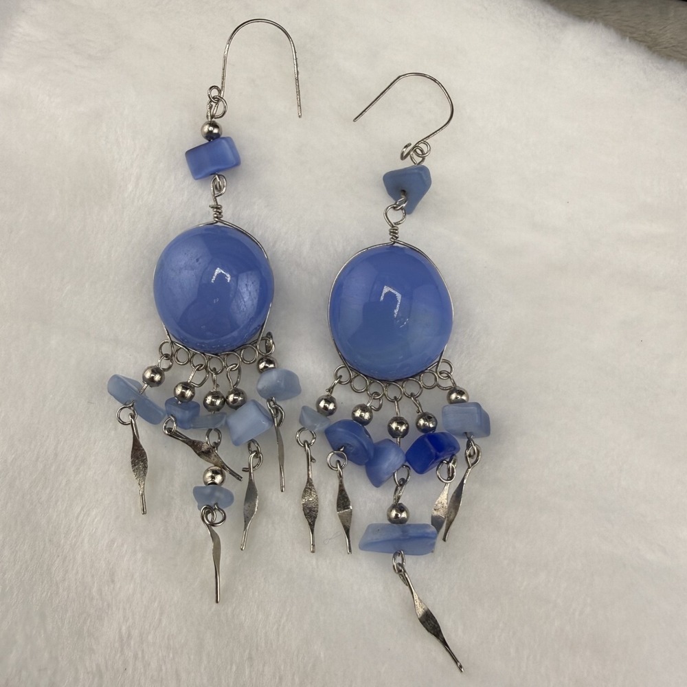 Vintage Estate Chandelier Earrings Blue Glass Dangle Silver Tone READ - Picture 2 of 5